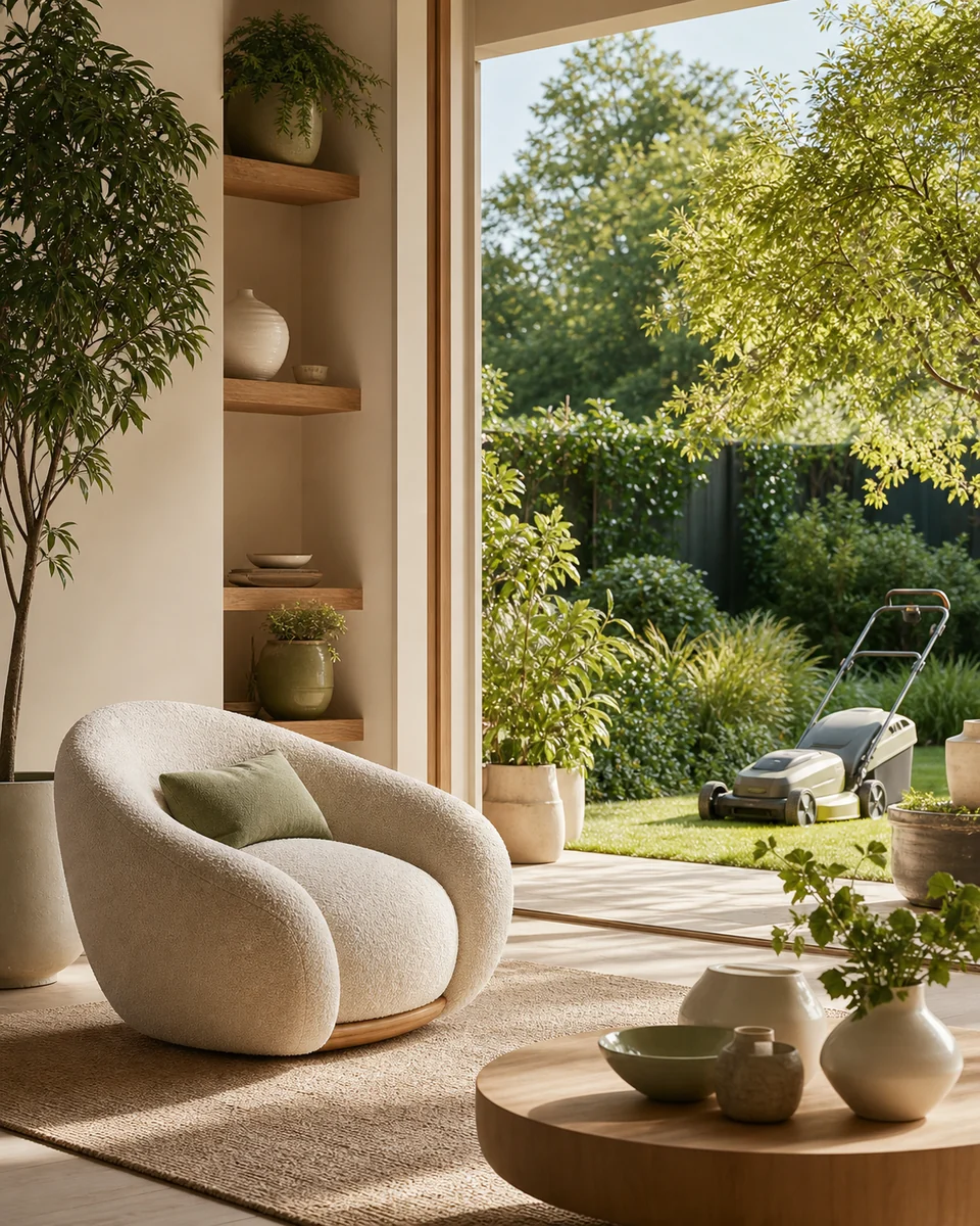 Sunlit living room opening onto a garden