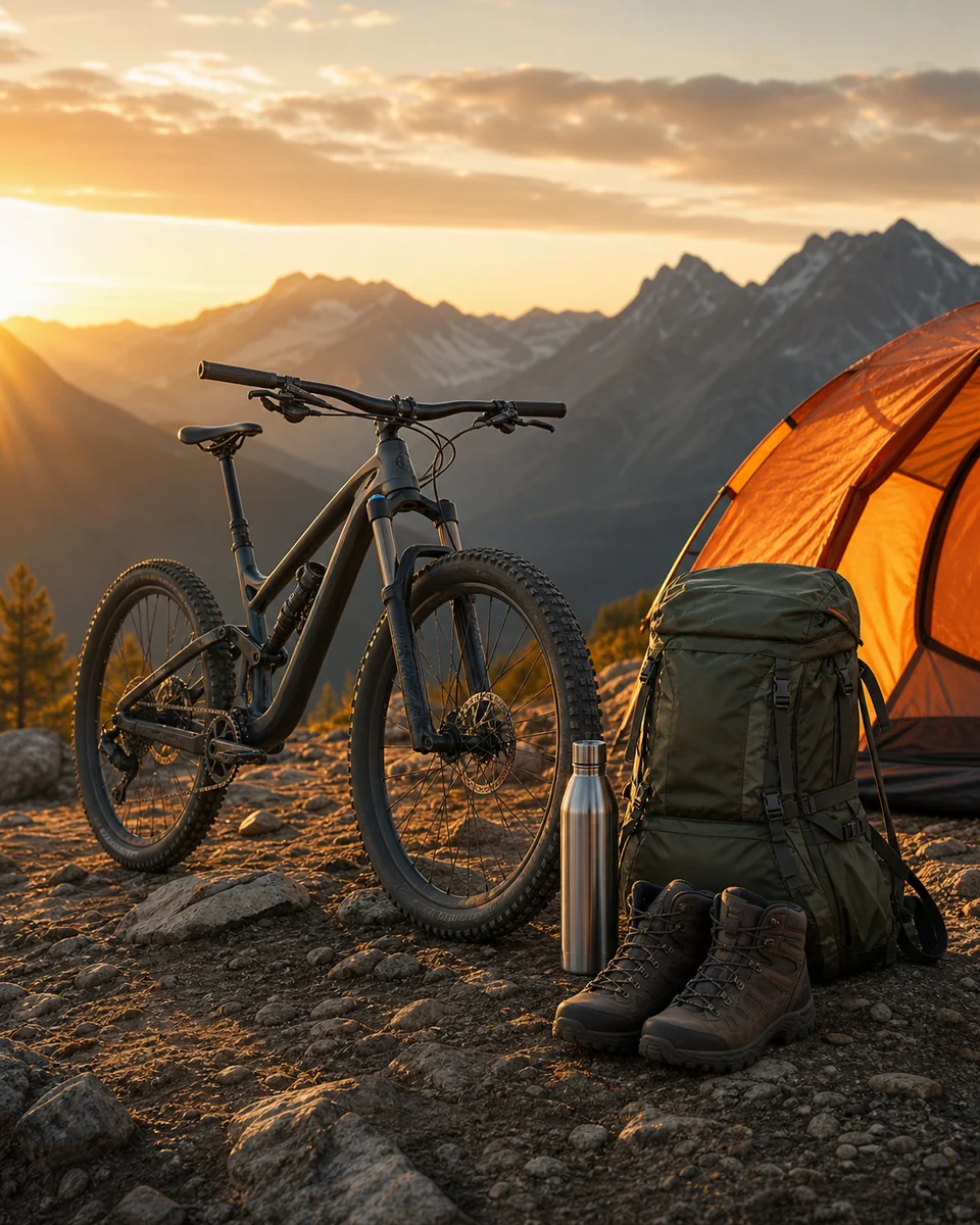 Mountain bike and camping equipment at sunset