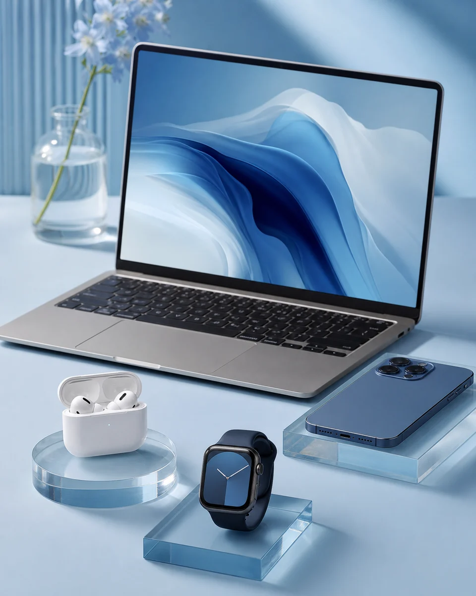 Laptop, phone, earbuds, and smartwatch